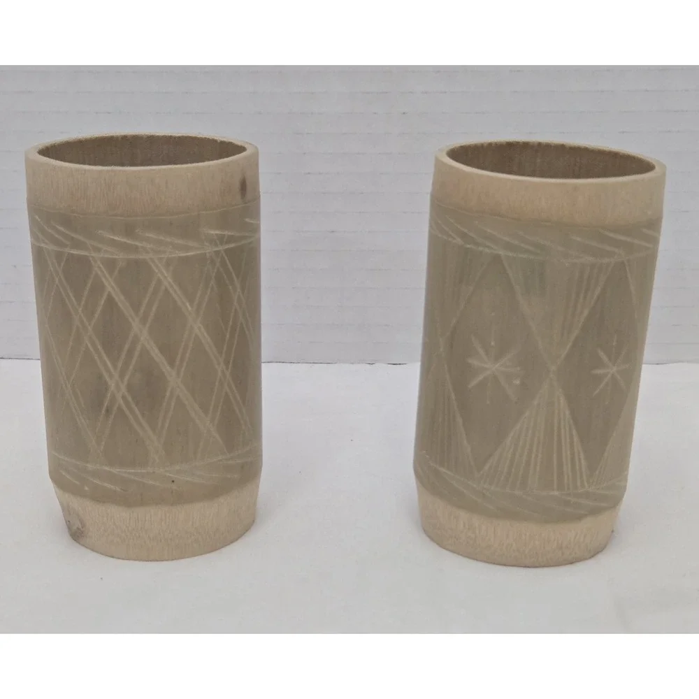 Two Vintage Jamaican‎ Hand Carved Bamboo Tiki Craft Cups Or Vases 4 Inches